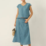 100% Linen V-Neck Cap Sleeve Crop Top FRESSA