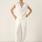 100% Linen V-Neck Embroidered Crop Top FENE