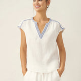 100% Linen V-Neck Embroidered Crop Top FENE