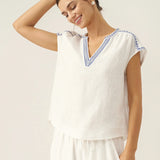 100% Linen V-Neck Embroidered Crop Top FENE