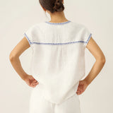 100% Linen V-Neck Embroidered Crop Top FENE