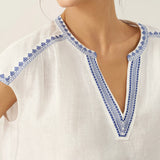 100% Linen V-Neck Embroidered Crop Top FENE