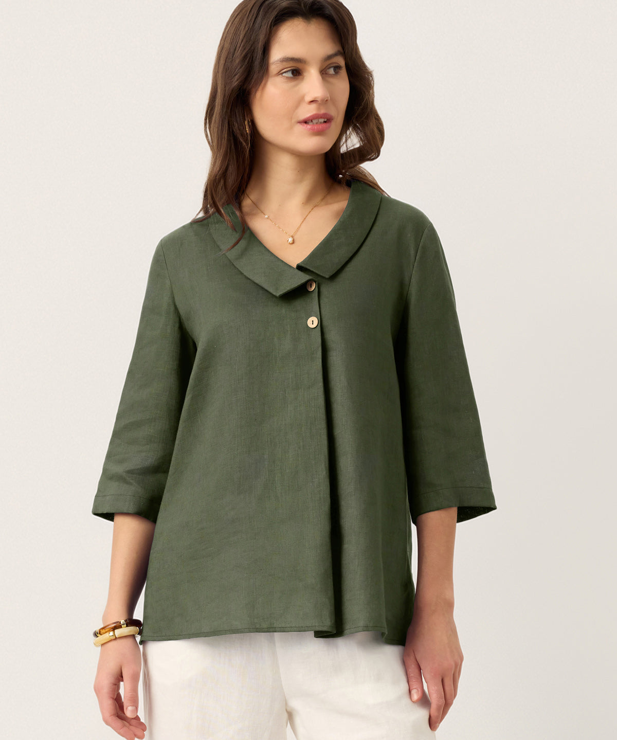 100% Linen Asymmetric Collar Inverted Pleat Top OTTILIE