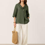 100% Linen Asymmetric Collar Inverted Pleat Top OTTILIE