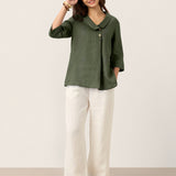 100% Linen Asymmetric Collar Inverted Pleat Top OTTILIE
