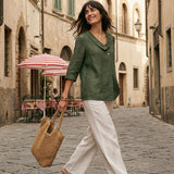 100% Linen Asymmetric Collar Inverted Pleat Top OTTILIE