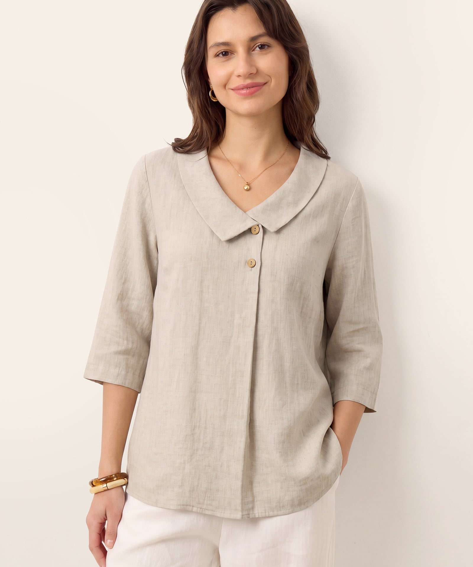 100% Linen Asymmetric Collar Inverted Pleat Top OTTILIE