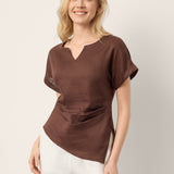 100% Linen Asymmetric Hem Side Gathered Split-Neck Top MINERVA