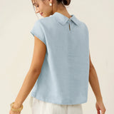 100% Linen Cap Sleeve Soft-Fold Collar Top YVONNE