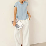 100% Linen Cap Sleeve Soft-Fold Collar Top YVONNE