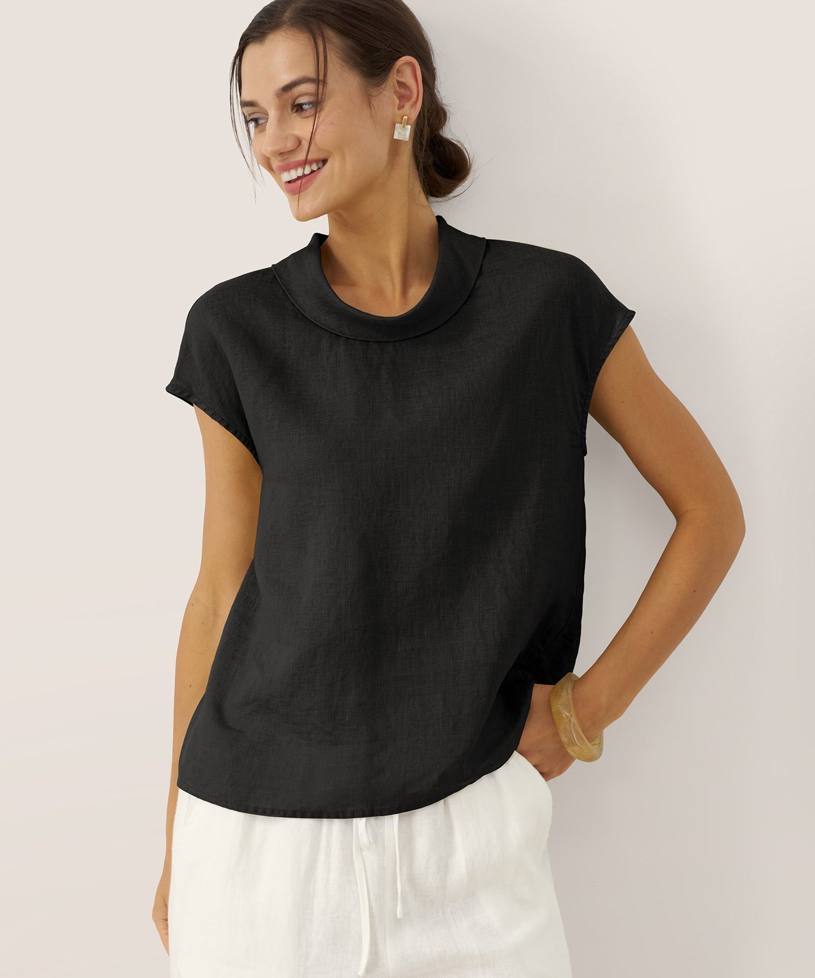 100% Linen Cap Sleeve Soft-Fold Collar Top YVONNE