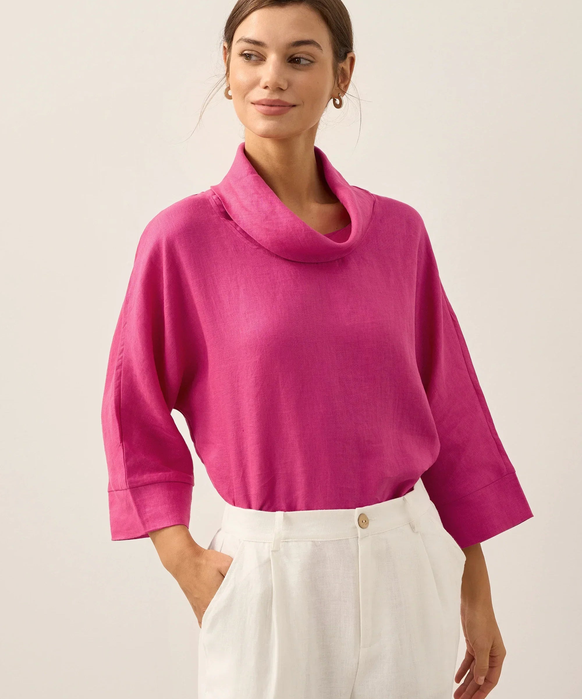 100% Linen Dropped Collar Long-Sleeve Top TRISTAN