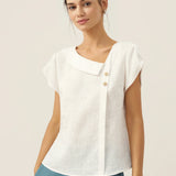 100% Linen Crescent Collar Flutter Sleeve Top FARA