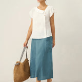 100% Linen Crescent Collar Flutter Sleeve Top FARA