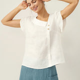 100% Linen Crescent Collar Flutter Sleeve Top FARA