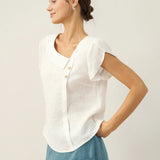 100% Linen Crescent Collar Flutter Sleeve Top FARA