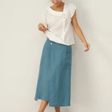 100% Linen Crescent Collar Flutter Sleeve Top FARA