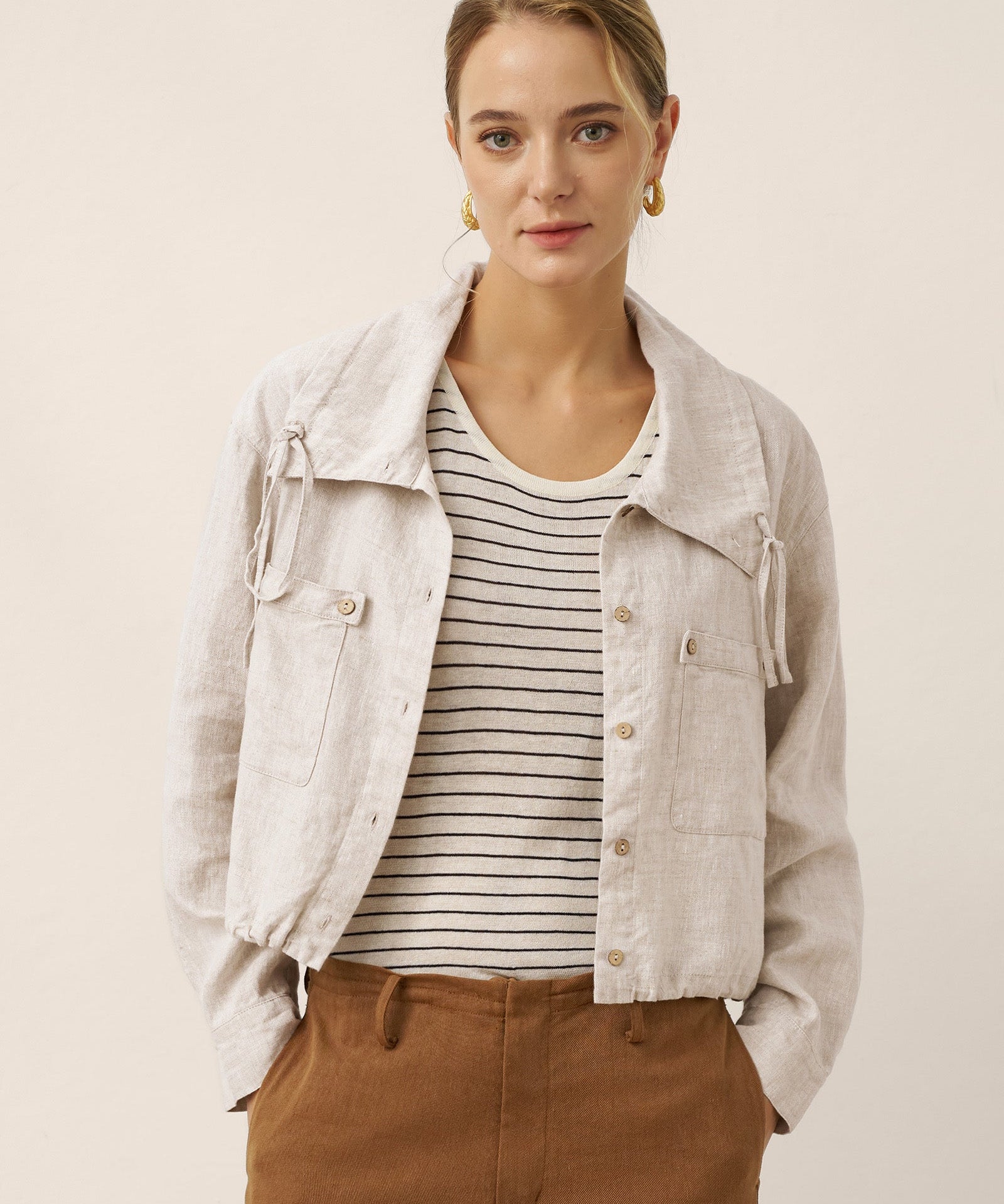 100% Linen Drawstring Convertible Lapel Jacket LAYNE