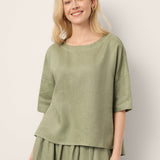 100% Linen Drop Shoulder Shirred Back High-Low Hem Top LINDSEY