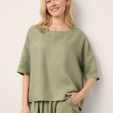 100% Linen Drop Shoulder Shirred Back High-Low Hem Top LINDSEY