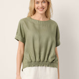 100% Linen Drop Shoulder Split-Back Double Shirred Hem Top LINDSEY