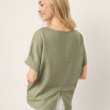 100% Linen Drop Shoulder Split-Back Double Shirred Hem Top LINDSEY