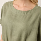100% Linen Drop Shoulder Split-Back Double Shirred Hem Top LINDSEY
