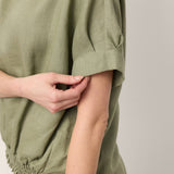 100% Linen Drop Shoulder Split-Back Double Shirred Hem Top LINDSEY
