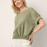 100% Linen Drop Shoulder Split-Back Double Shirred Hem Top LINDSEY