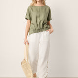 100% Linen Drop Shoulder Split-Back Double Shirred Hem Top LINDSEY