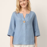 100% Linen Drop Shoulder V-Neck Statement Button Top LISARA