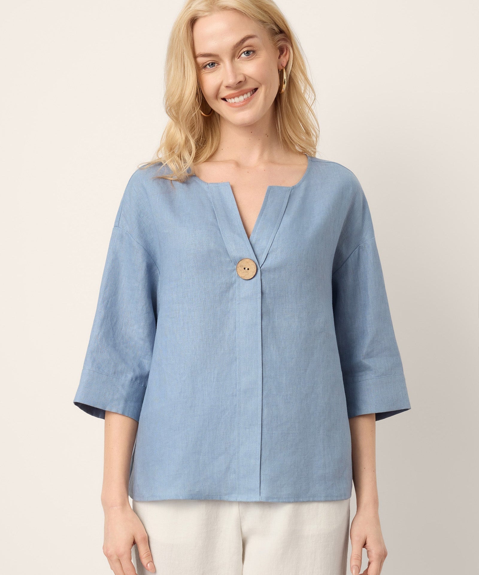 100% Linen Drop Shoulder V-Neck Statement Button Top LISARA