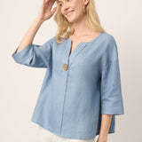 100% Linen Drop Shoulder V-Neck Statement Button Top LISARA