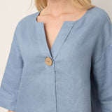 100% Linen Drop Shoulder V-Neck Statement Button Top LISARA