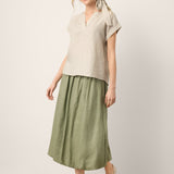 100% Linen Plaid Detachable Tie-Belt Split-Neck Top LEXIE