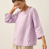Linen Gingham Checked Round Soft-Fold Collar Top LAURA