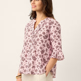 Linen Paisley Pintucked Ruffle-Cuff Curved Hem Blouse ILARIA