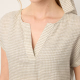 100% Linen Plaid Detachable Tie-Belt Split-Neck Top LEXIE