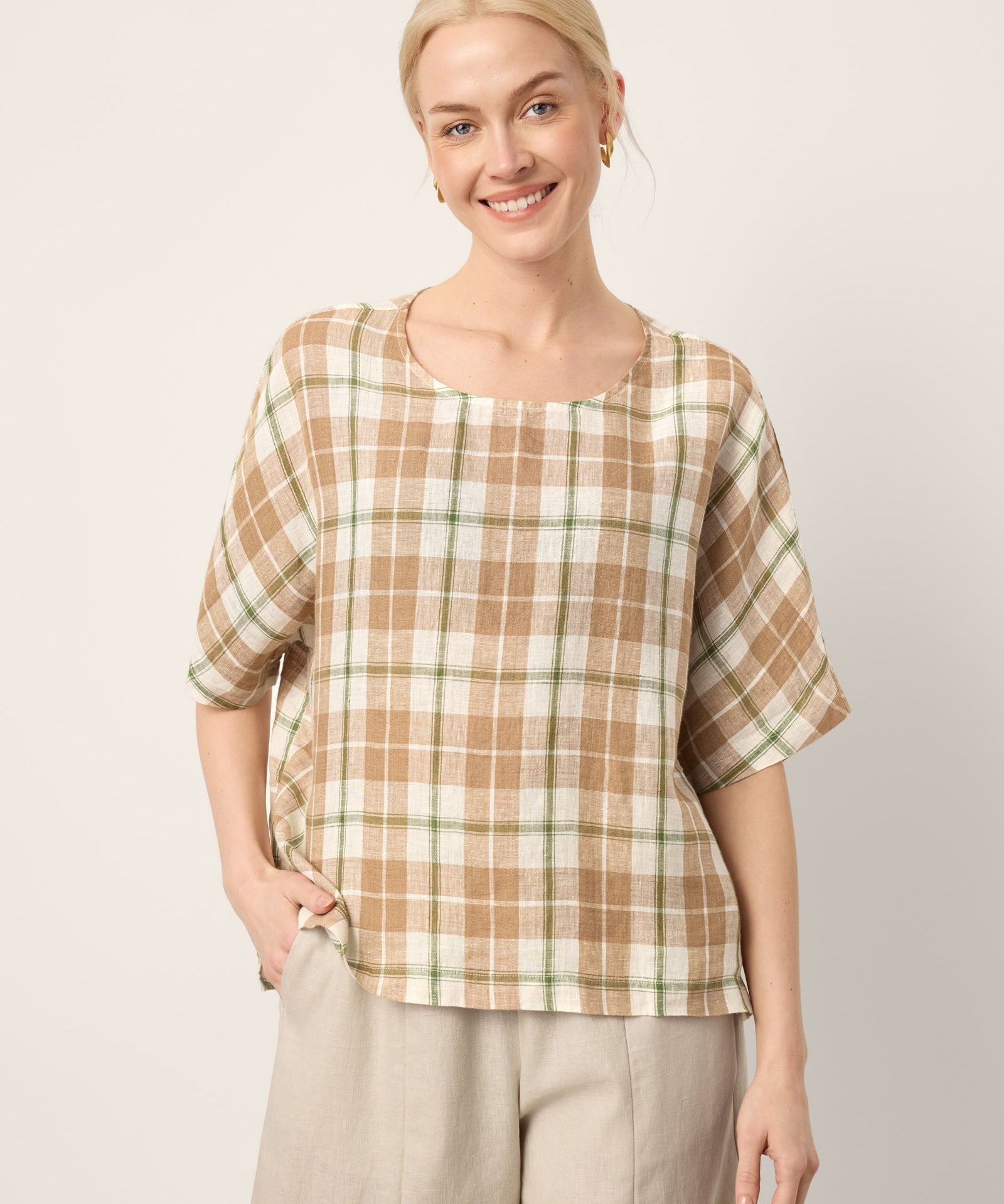 100% Linen Plaid Drop Shoulder Side Slit Top LORNA