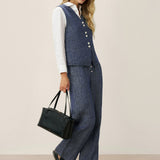 100% Linen Reversible Denim Texture Button Front Vest HARPER
