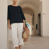 100% Linen Round Neck Asymmetrical Hem Top BRIANNA