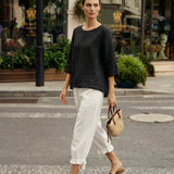 100% Linen Round Neck Asymmetrical Hem Top BRIANNA