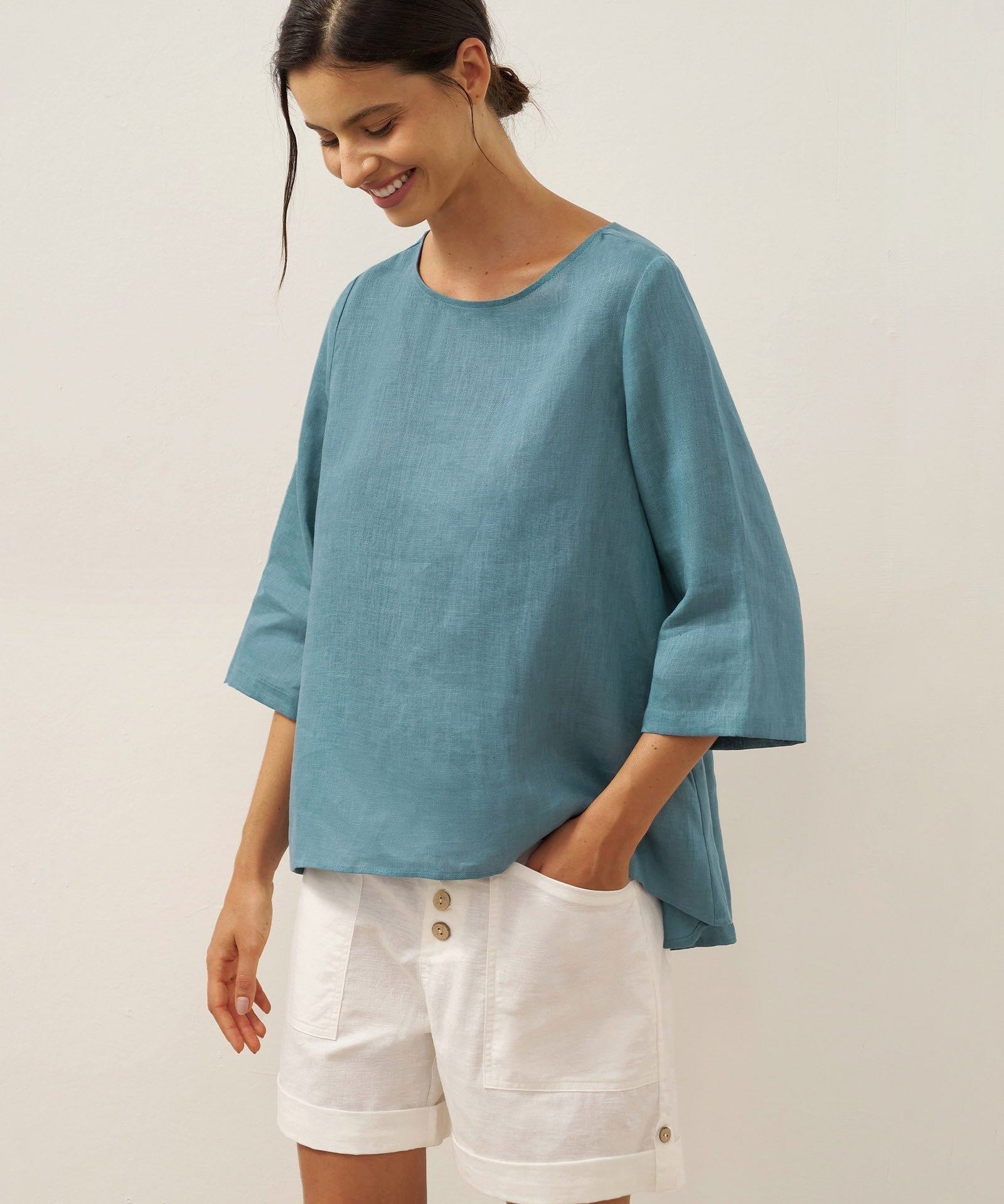 100% Linen Round Neck Asymmetrical Hem Top BRIANNA