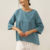 100% Linen Round Neck Asymmetrical Hem Top BRIANNA