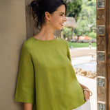100% Linen Round Neck Asymmetrical Hem Top BRIANNA