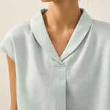 100% Linen Shawl V-Neck Cap Sleeves Top ELARA