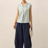 100% Linen Shawl V-Neck Cap Sleeves Top ELARA