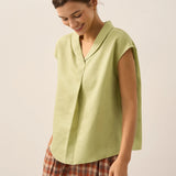 100% Linen Shawl V-Neck Cap Sleeves Top ELARA