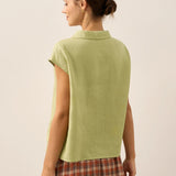 100% Linen Shawl V-Neck Cap Sleeves Top ELARA