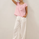 100% Linen Shell Button Pleated Crew Neck Top RENA